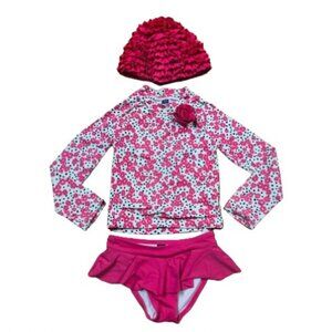 Janie & Jack Girls 3-Piece Pink Floral Rashguard Swimsuit & Ruffle Cap Size 4